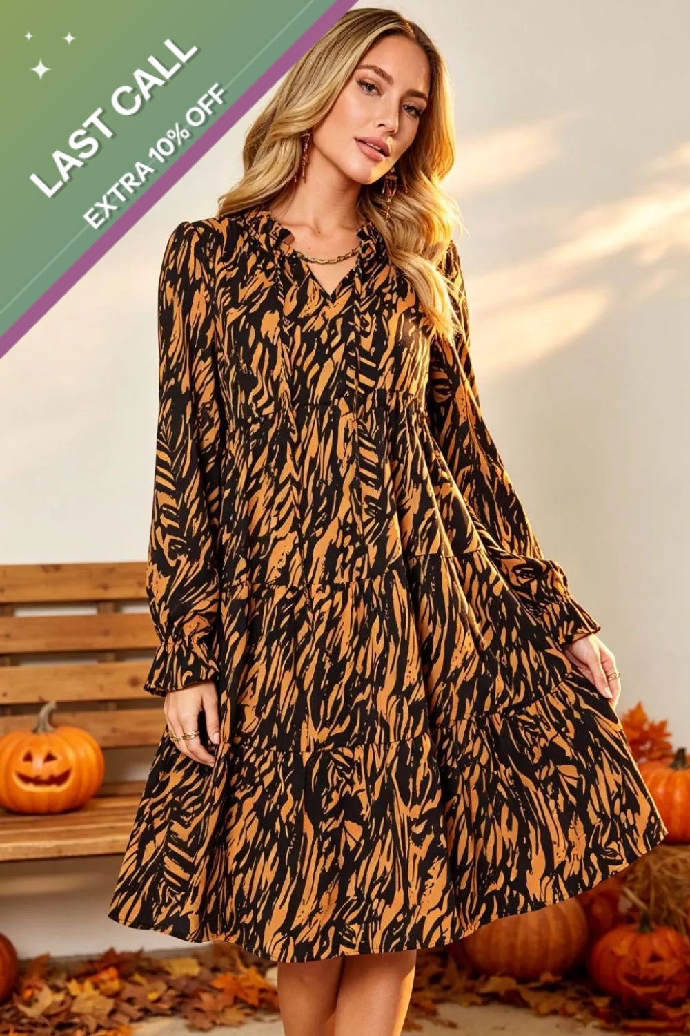 Badged - Abstract Print Tiered Midi Dress (Long Sleeve Ruffle Hem)