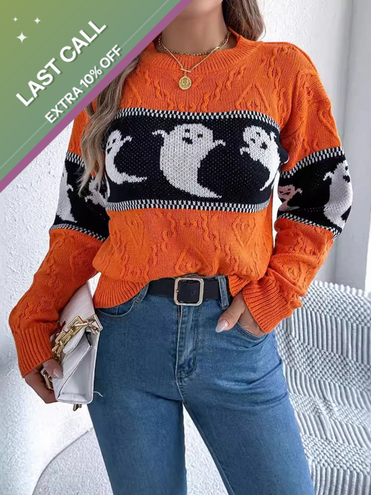 Badged - Halloween Ghost Knit Sweater (Orange + Black Colorblock Pullover)
