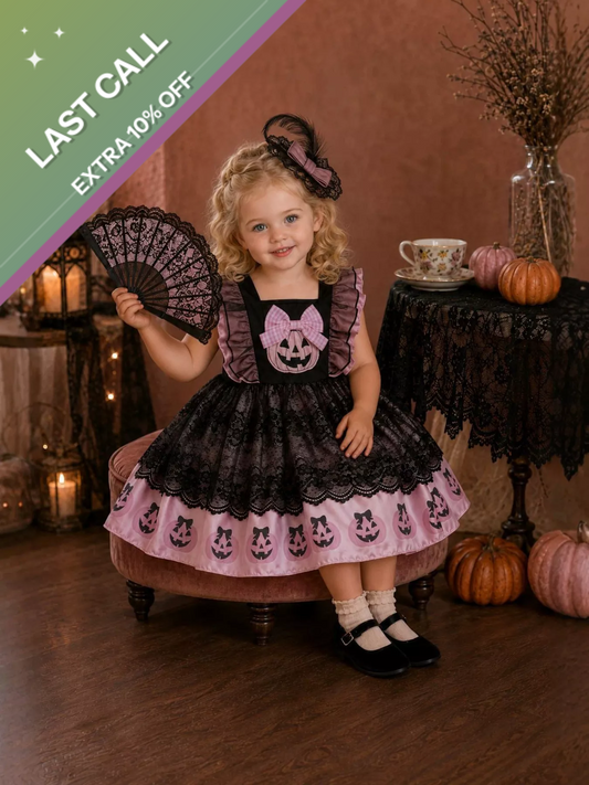 Badged - Mini Jetsetter Pink Pumpkin Lace Halloween Dress (Ruffle Sleeve + Bow Detail)