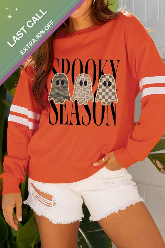Badged - Spooky Season Ghost Graphic Sweatshirt (Varsity Stripe Sleeves)