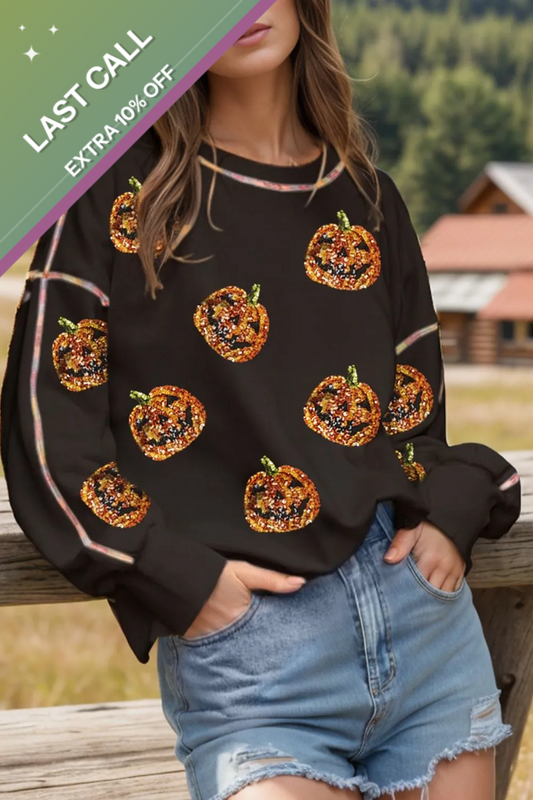 Badged - Sequin Pumpkin Halloween Sweatshirt (Oversized Fall Pullover)