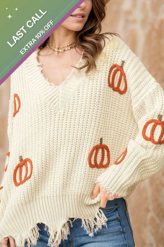 Badged - Pumpkin Patch Distressed Knit Sweater (V-Neck | Oversized Pullover)