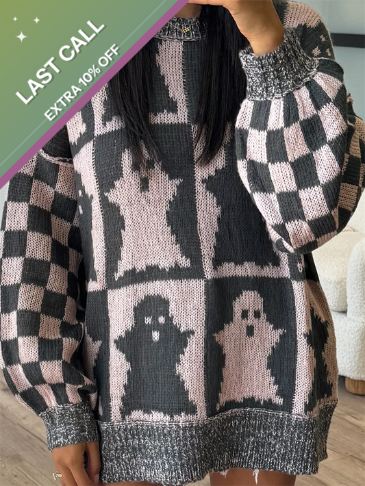 Badged - Ghost Patchwork Knit Sweater (Oversized Halloween Pullover | Dusty Pink/Black)