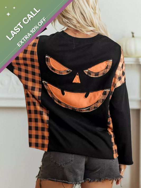 Badged - Plaid Patchwork Jack-O’-Lantern Sweatshirt (Halloween Pullover)