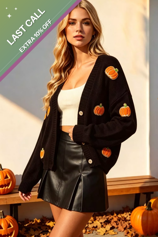 Badged - Pumpkin Patch Cardigan (Black Button-Front Sweater | Fall Knit)