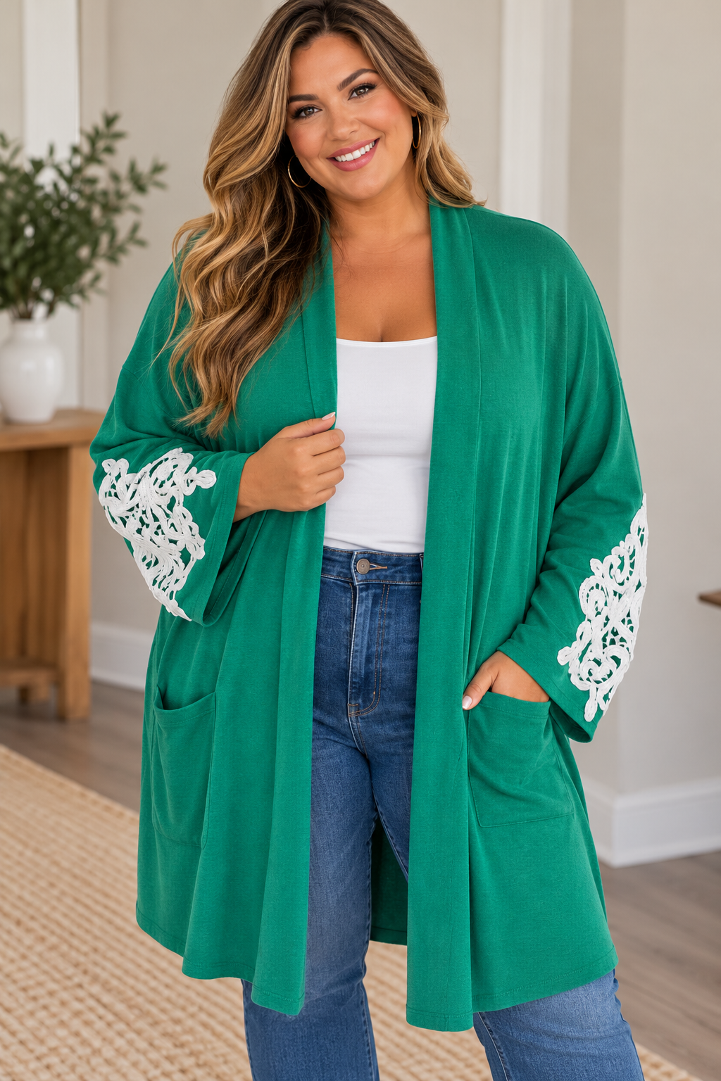 Zenana Emerald Green Embroidered Sleeve Open Front Cardigan – 2XL