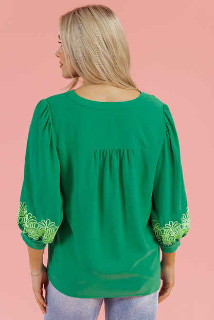 Embroidered Green Blouse with Puff Sleeves – Chic Spring & Summer Top