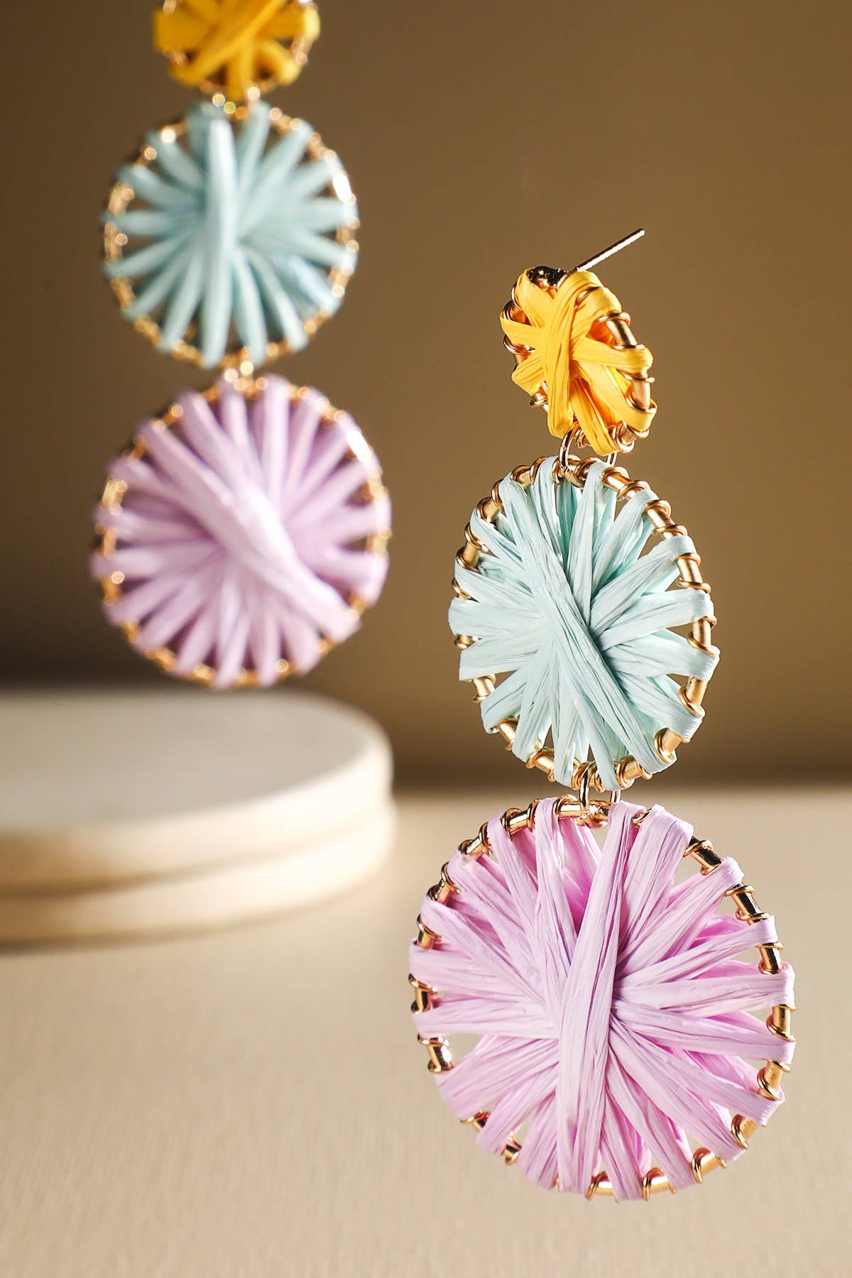 Rainbow Woven Disc Drop Earrings (Triple Statement Dangles)
