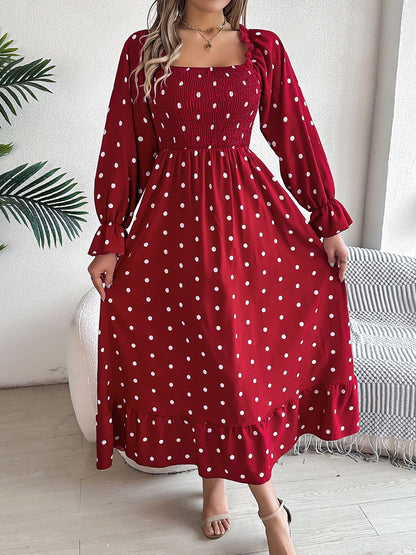 Polka Dot Smocked Midi Dress with Puff Sleeves – Boho Chic