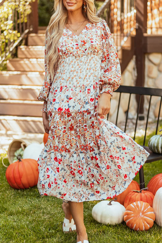 Floral Patchwork Tiered Midi Dress