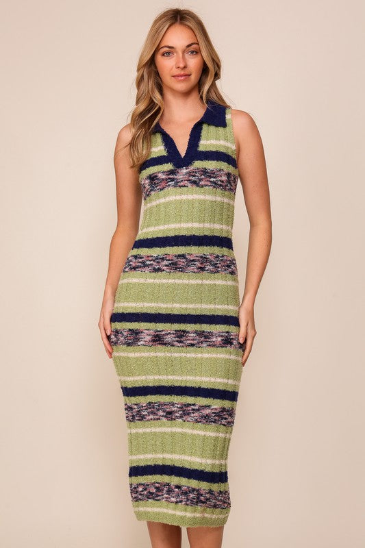Striped Sweater Polo Midi Dress (Sleeveless Knit)