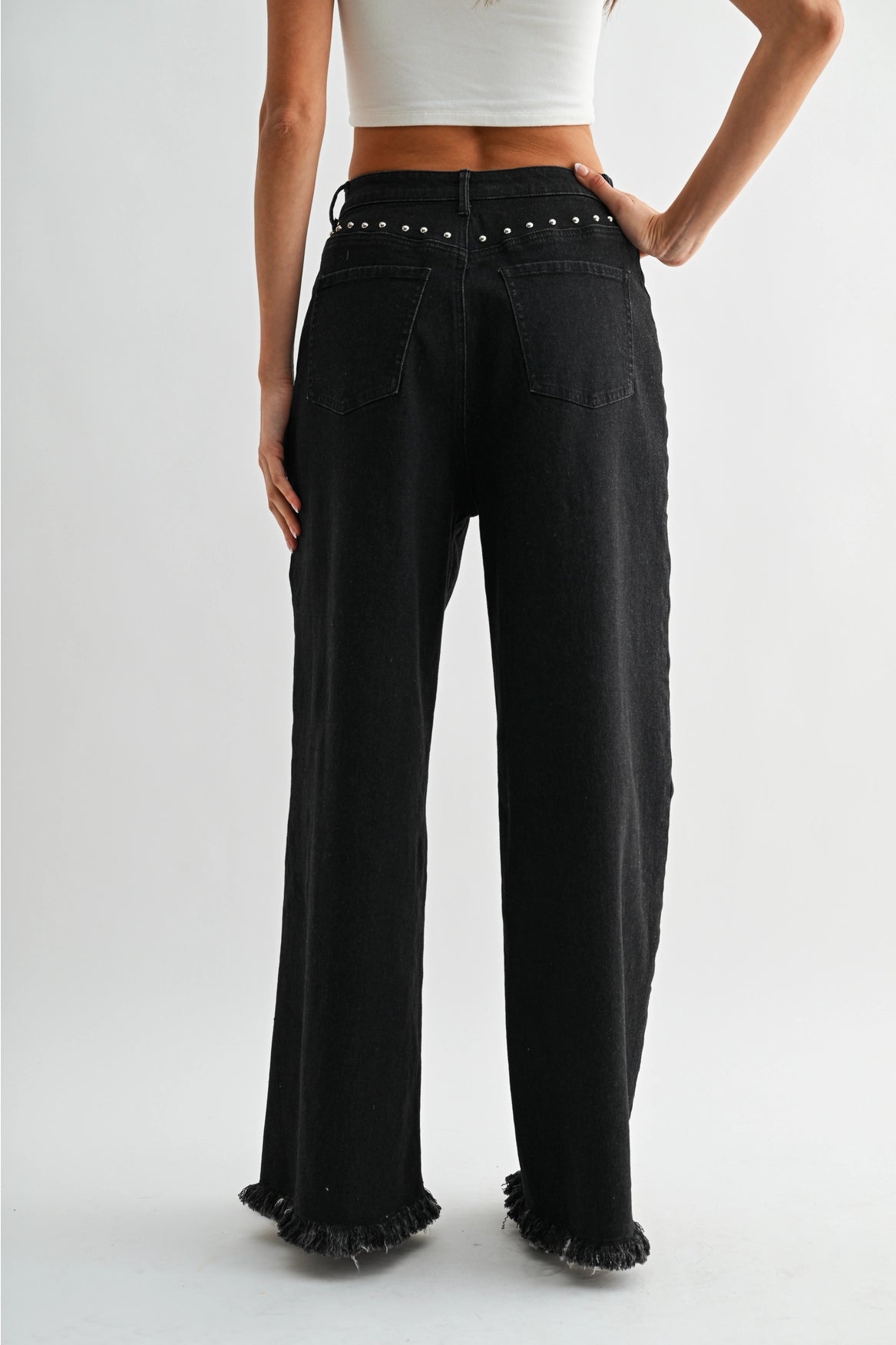 Camellia Black Studded Wide-Leg Jeans | Frayed Hem
