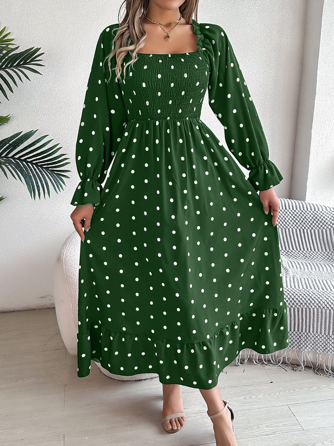 Polka Dot Smocked Midi Dress with Puff Sleeves – Boho Chic