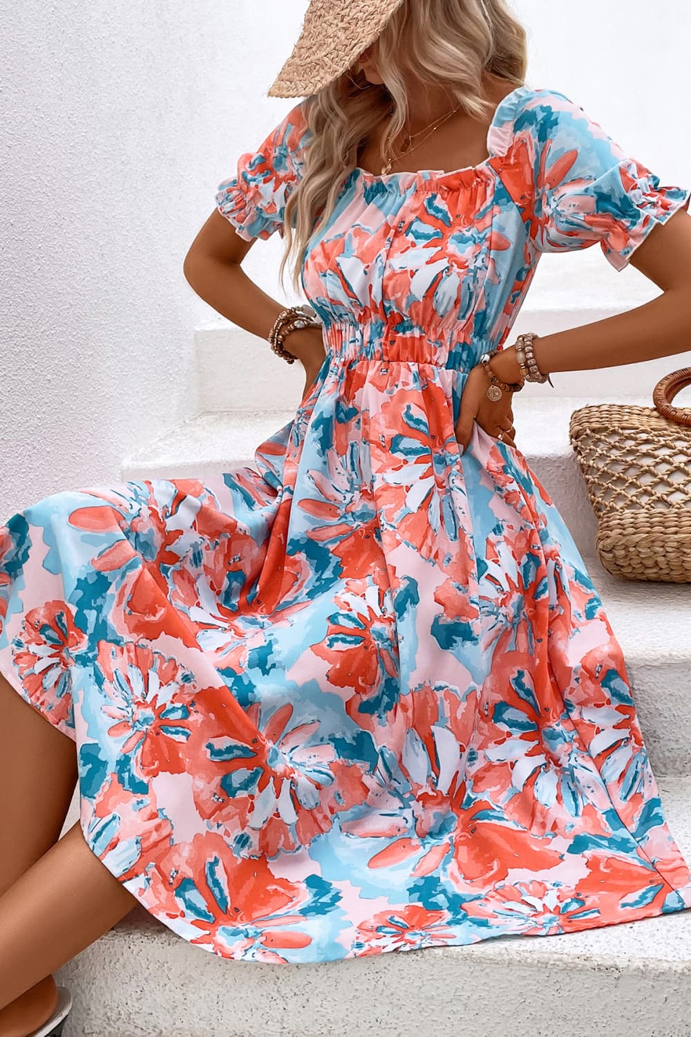 Floral Print Puff Sleeve Midi Dress