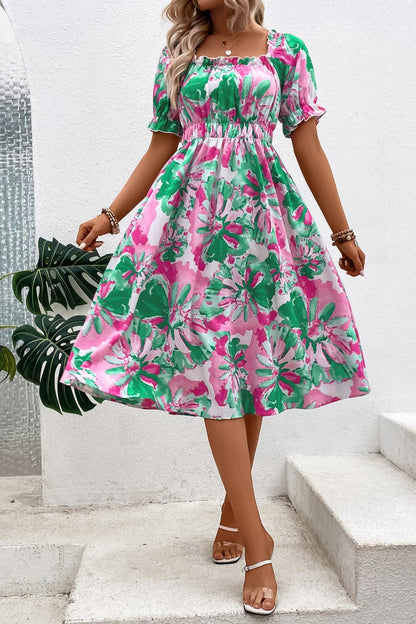 Floral Print Puff Sleeve Midi Dress