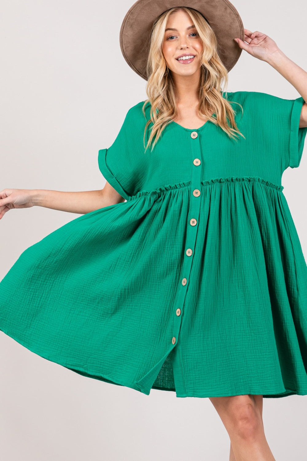 Breezy Button-Front Green Dress | Effortless Boho Chic