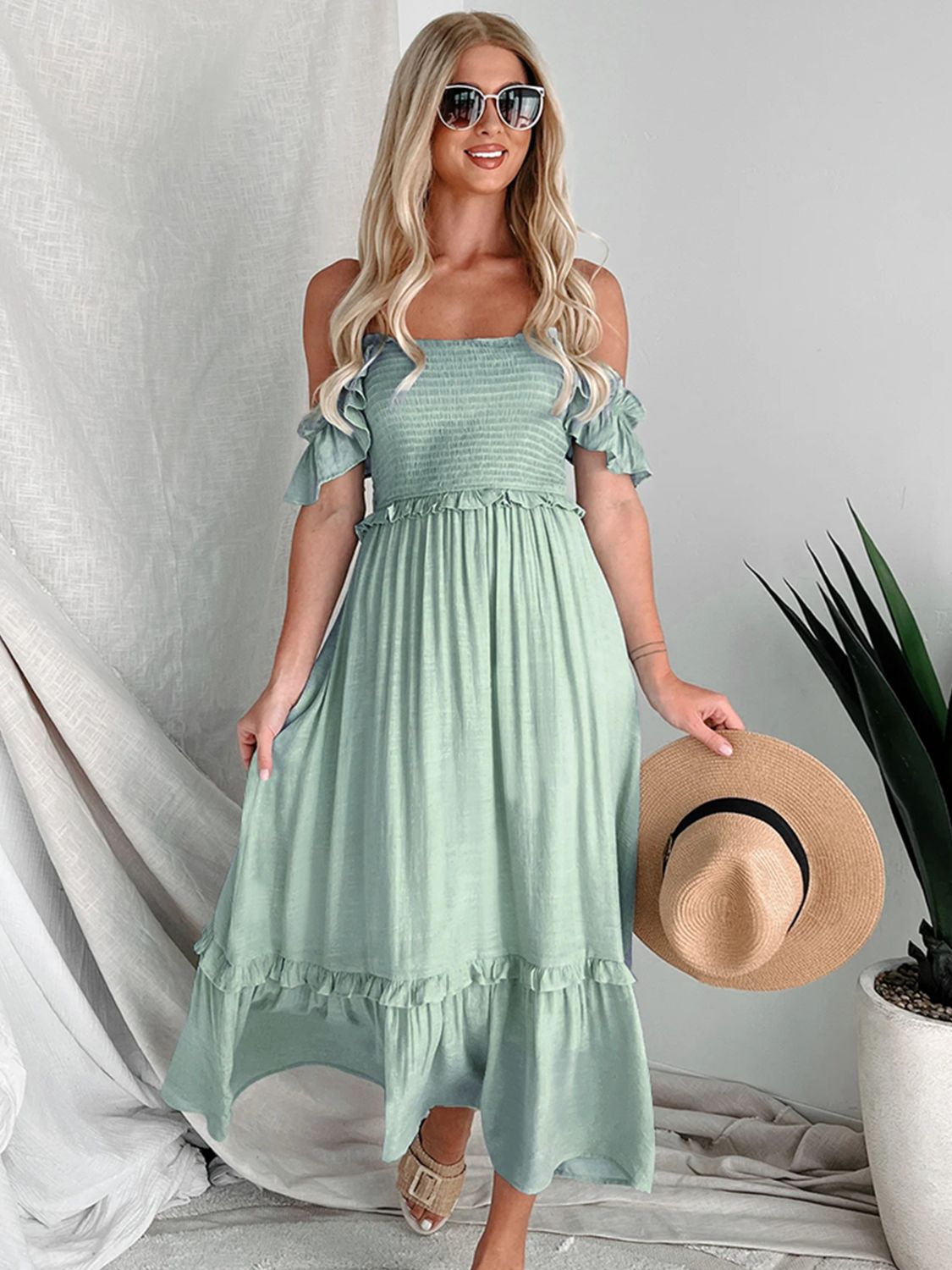 Sage Green Off-Shoulder Ruffle Maxi Dress The Jetsetter's Closet Sage Green Off-Shoulder Ruffle Maxi Dress The Jetsetter's Closet
