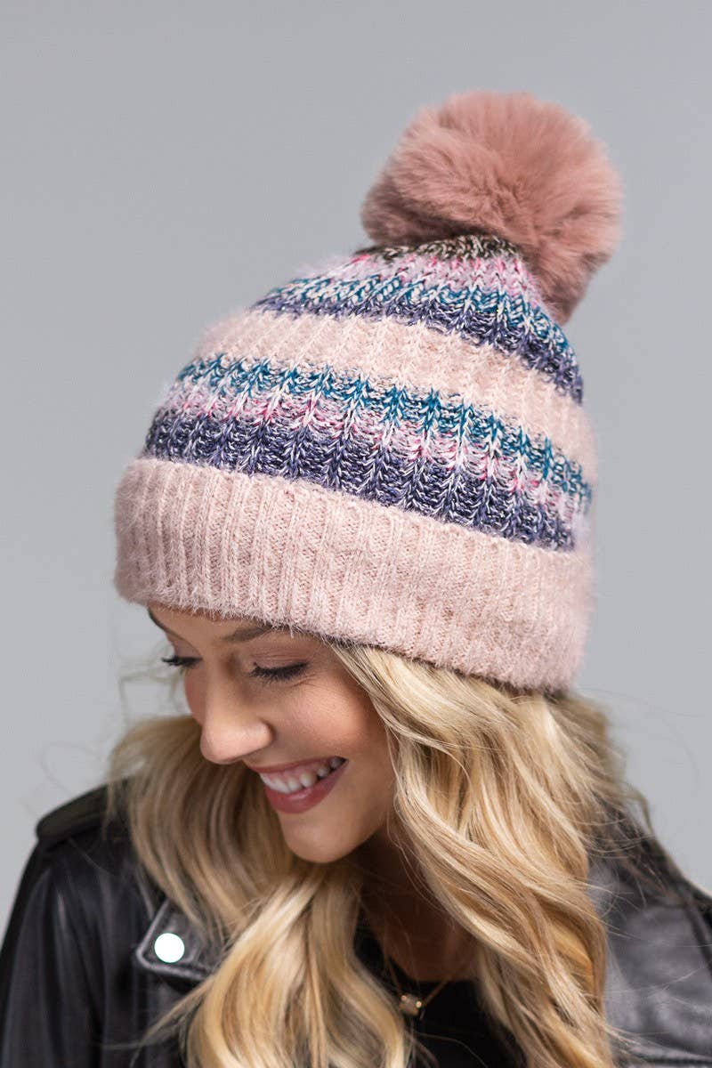 Striped Pom Beanie (Cozy Knit Winter Hat)