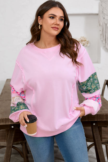 Pink Floral Patchwork Sweatshirt – Cute Spring Casual Pullover for Women
