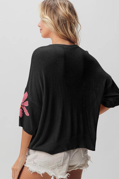 Floral Print Oversized Sweater (3/4 Sleeve Knit Pullover | Black)