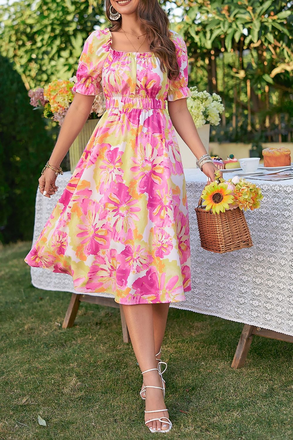 Floral Print Puff Sleeve Midi Dress