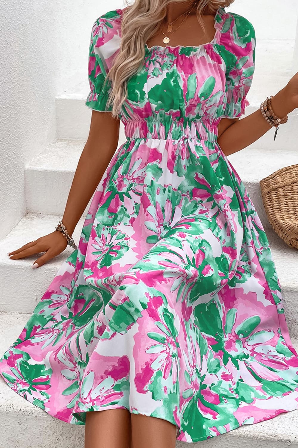 Floral Print Puff Sleeve Midi Dress