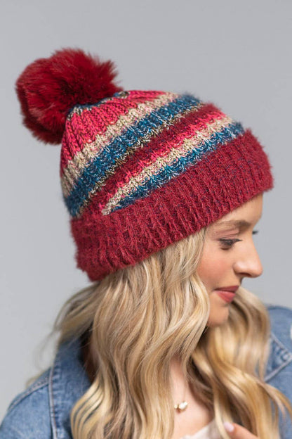 Striped Pom Beanie (Cozy Knit Winter Hat)