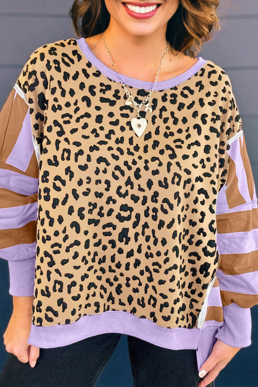 Leopard Print Colorblock Sweatshirt – Tan, Lavender & Brown Pullover Top