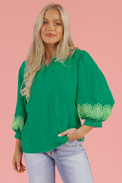 Embroidered Green Blouse with Puff Sleeves – Chic Spring & Summer Top