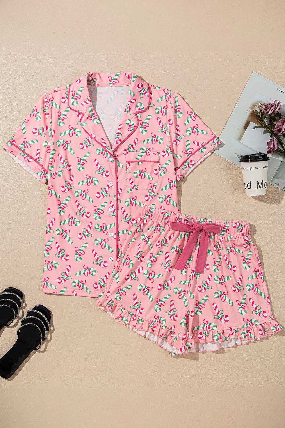 Candy Cane Print Ruffle Pajama Set