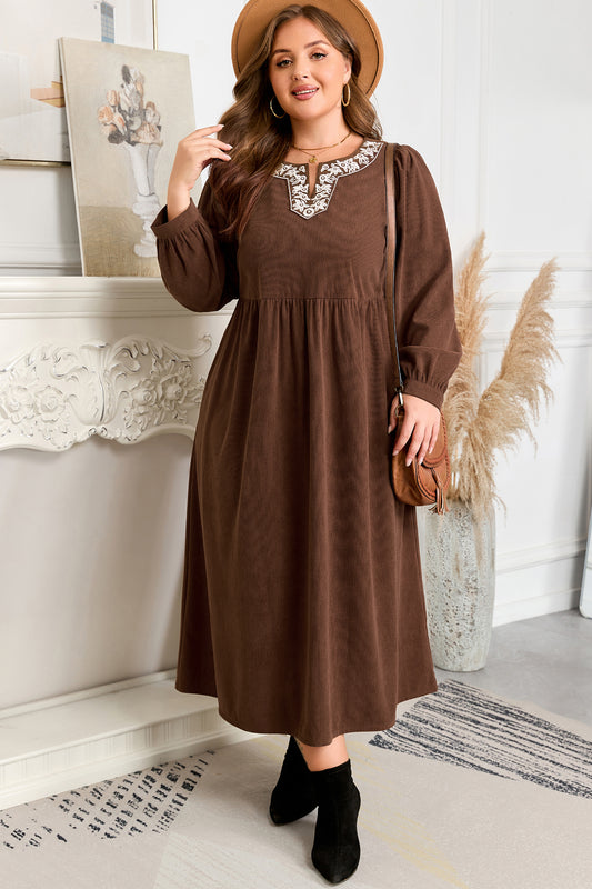 Plus Size Brown Boho Midi Dress – Long Sleeve Embroidered Neckline