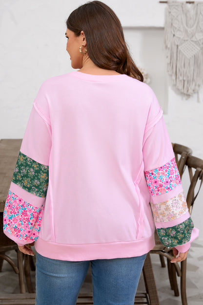 Pink Floral Patchwork Sweatshirt – Cute Spring Casual Pullover for Women