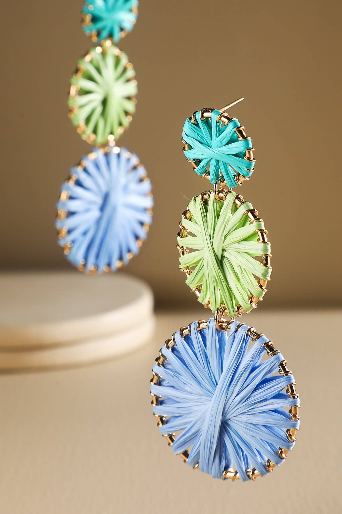 Rainbow Woven Disc Drop Earrings (Triple Statement Dangles)