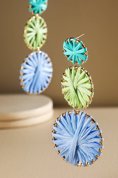 Rainbow Woven Disc Drop Earrings (Triple Statement Dangles)