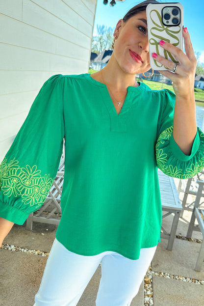 Embroidered Green Blouse with Puff Sleeves – Chic Spring & Summer Top
