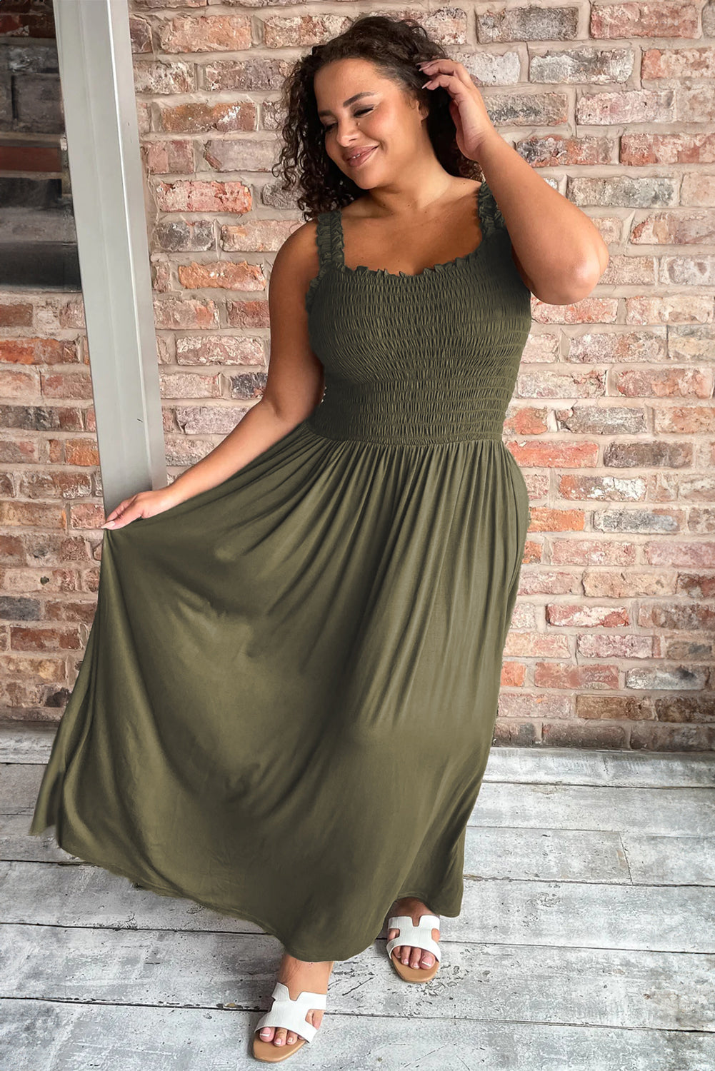 Olive Green Smocked Maxi Dress with Ruffle Straps – Perfect for Summer Vibes