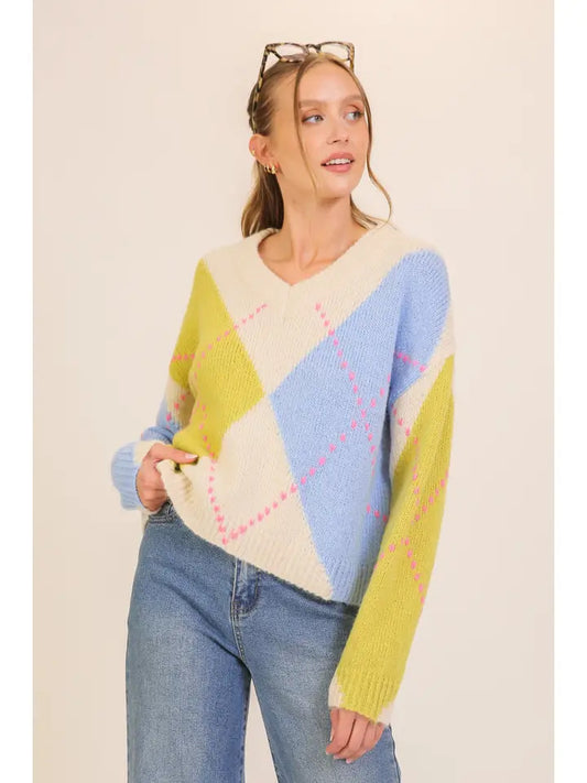 Pastel Argyle V-Neck Sweater (Colorblock Knit Pullover)