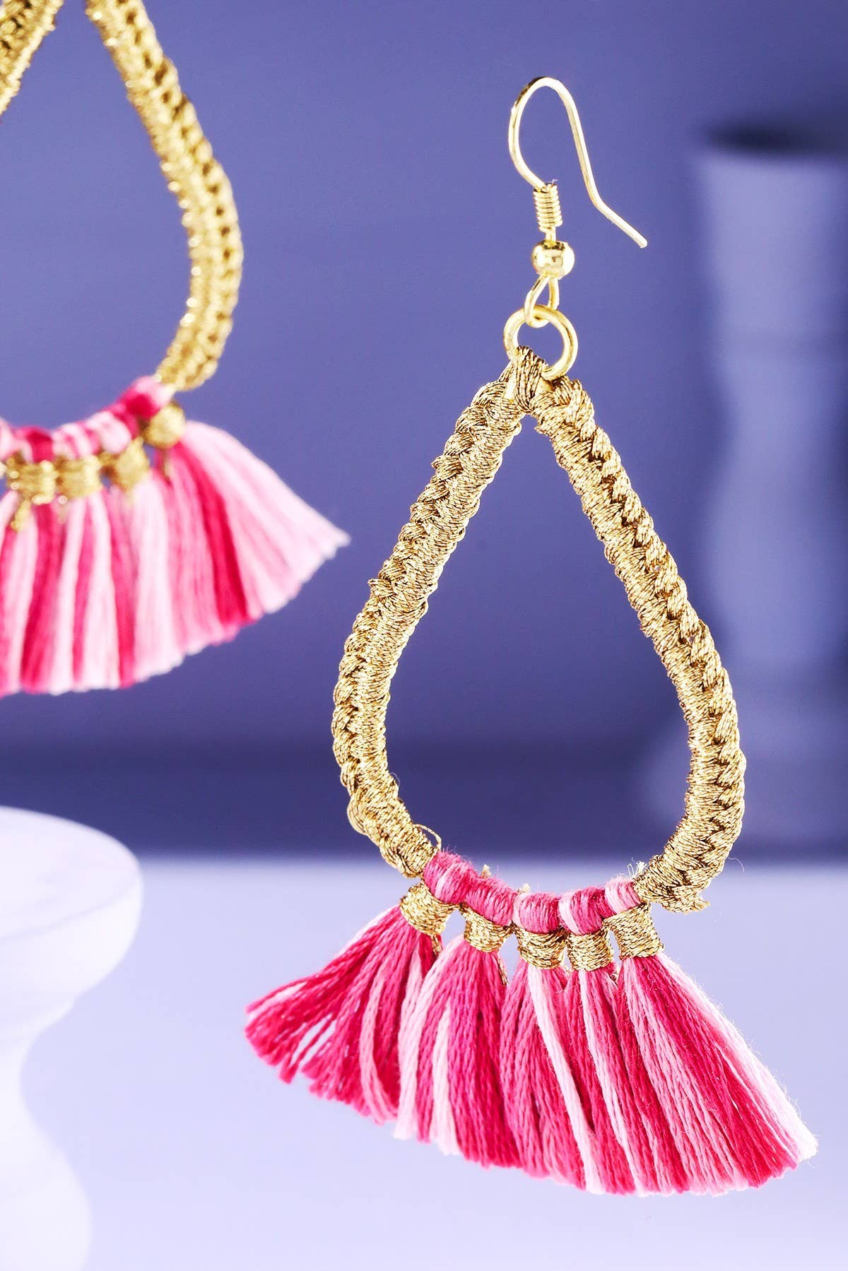 Teardrop Tassel Drop Earrings (Gold Wrapped Hoop | 3 Colors)