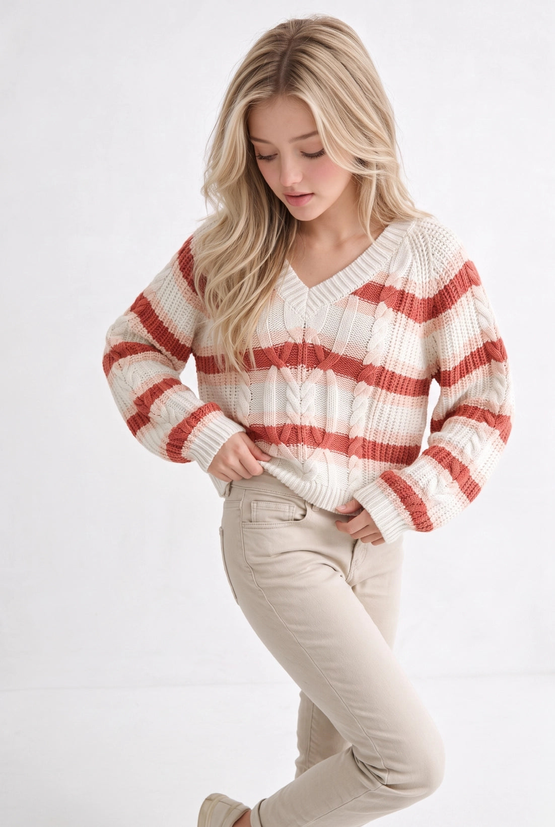 Camellia Ivory & Rust Striped Cable-Knit Sweater | Saturday Luxe Lunch