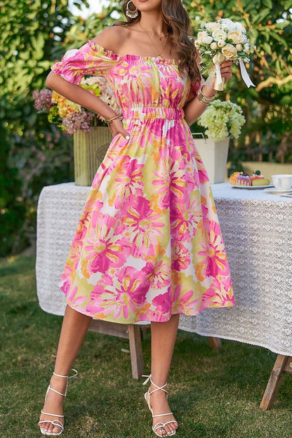 Floral Print Puff Sleeve Midi Dress