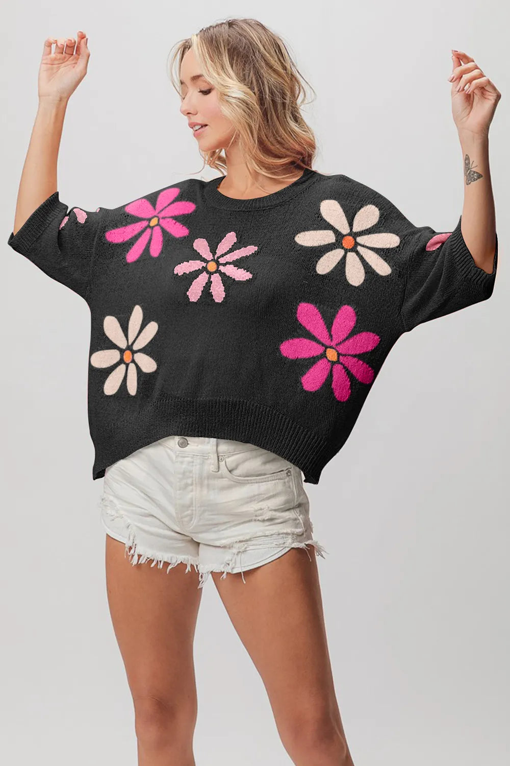 Floral Print Oversized Sweater (3/4 Sleeve Knit Pullover | Black)