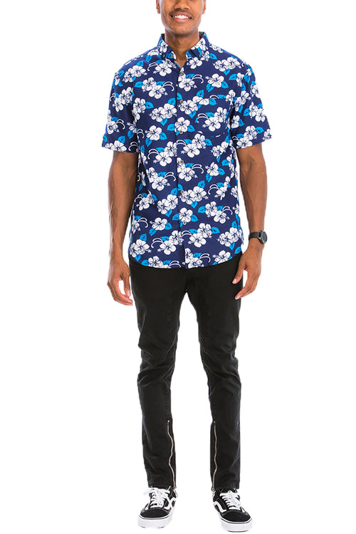 Men's Navy Blue Hawaiian Shirt with White and Blue Floral Print