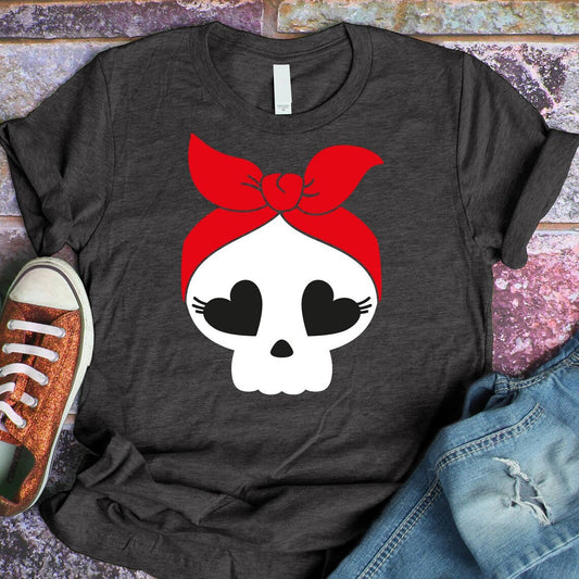 Heart Eyes Skull Graphic Tee (Red Bow Halloween Shirt)