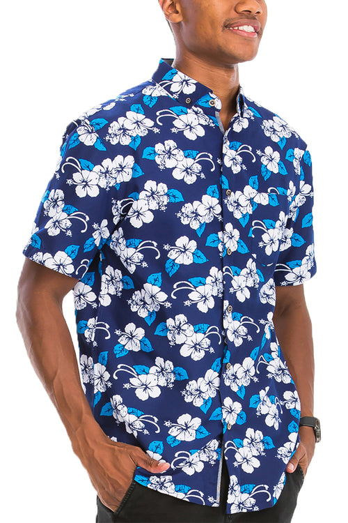 Men's Navy Blue Hawaiian Shirt with White and Blue Floral Print