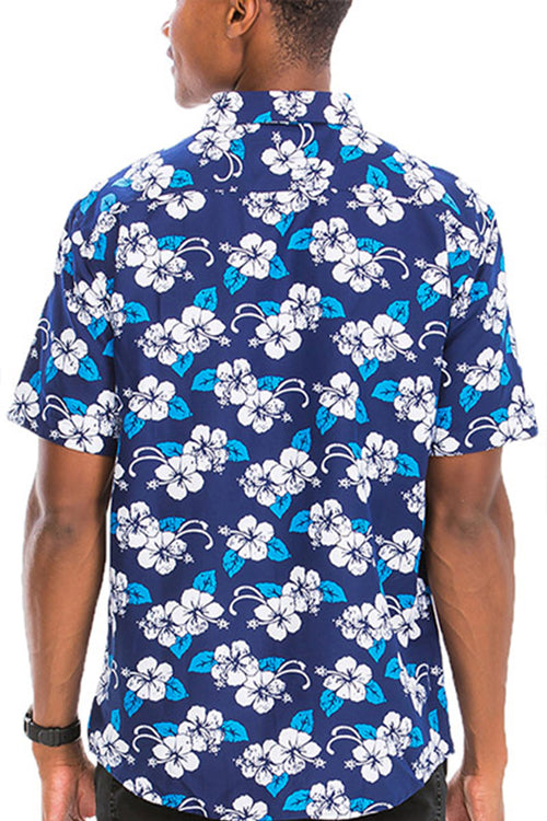 Men's Navy Blue Hawaiian Shirt with White and Blue Floral Print