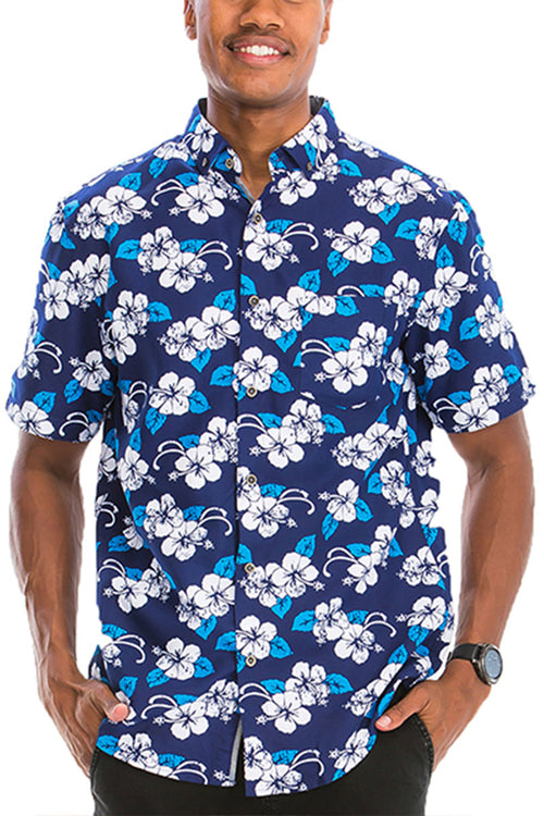 Men's Navy Blue Hawaiian Shirt with White and Blue Floral Print