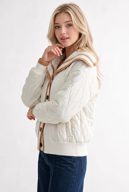 Camellia Luxe Quilted Cable-Knit Cardigan | Ivory & Camel