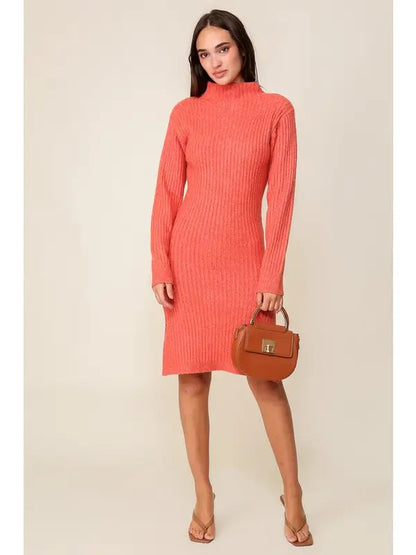 Ribbed Mock Neck Sweater Dress (Long Sleeve Midi)