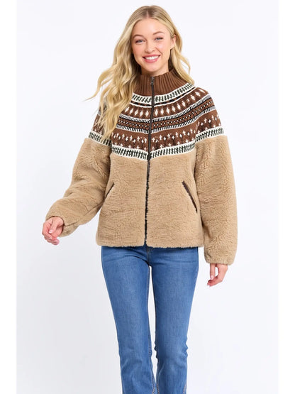 Camellia Luxe Fair Isle Faux Fur Jacket | Mocha & Camel