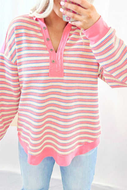 Pink Striped Henley Long Sleeve Top – Lightweight Casual Pullover